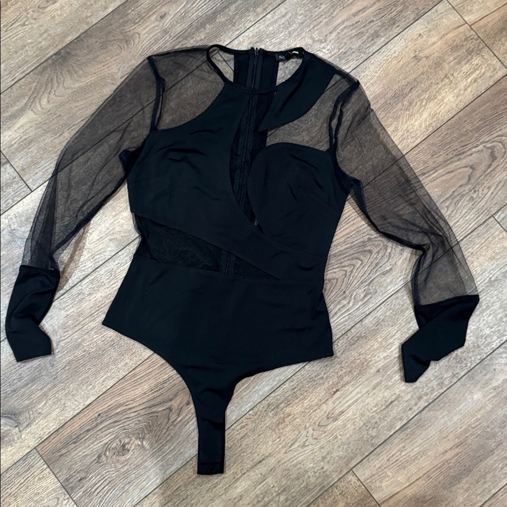 Fashion Nova Black Sheer Long Sleeve Bodysuit w/ cutouts